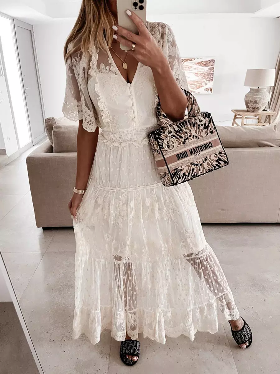 Casual Sheer Layered V-Neckline And Short Sleeves Lace Maxi Dress - Image 2