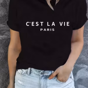 Casual Short Sleeve Paris Print Crew Neck High Stretch T-shirt