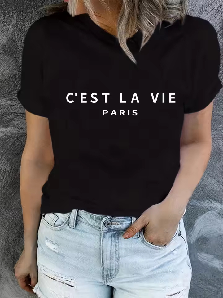Casual Short Sleeve Paris Print Crew Neck High Stretch T-shirt