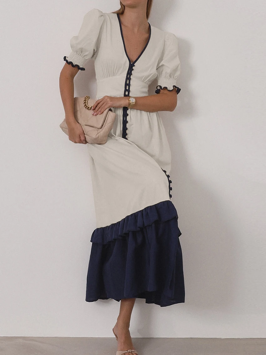 Casual Linen Short Sleeve V-Neck Ankle-Length Maxi Dress - Image 7