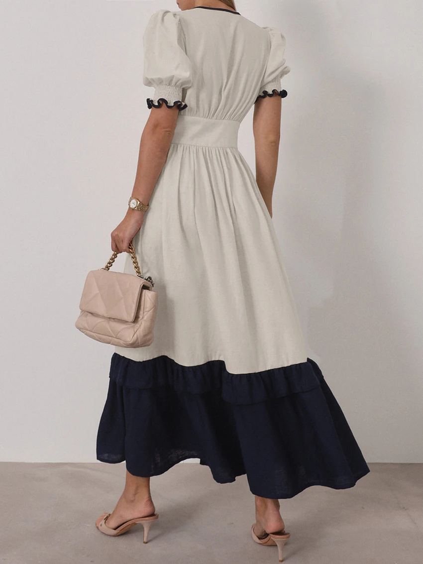 Casual Linen Short Sleeve V-Neck Ankle-Length Maxi Dress - Image 8