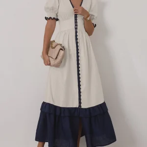 Casual Linen Short Sleeve V-Neck Ankle-Length Maxi Dress