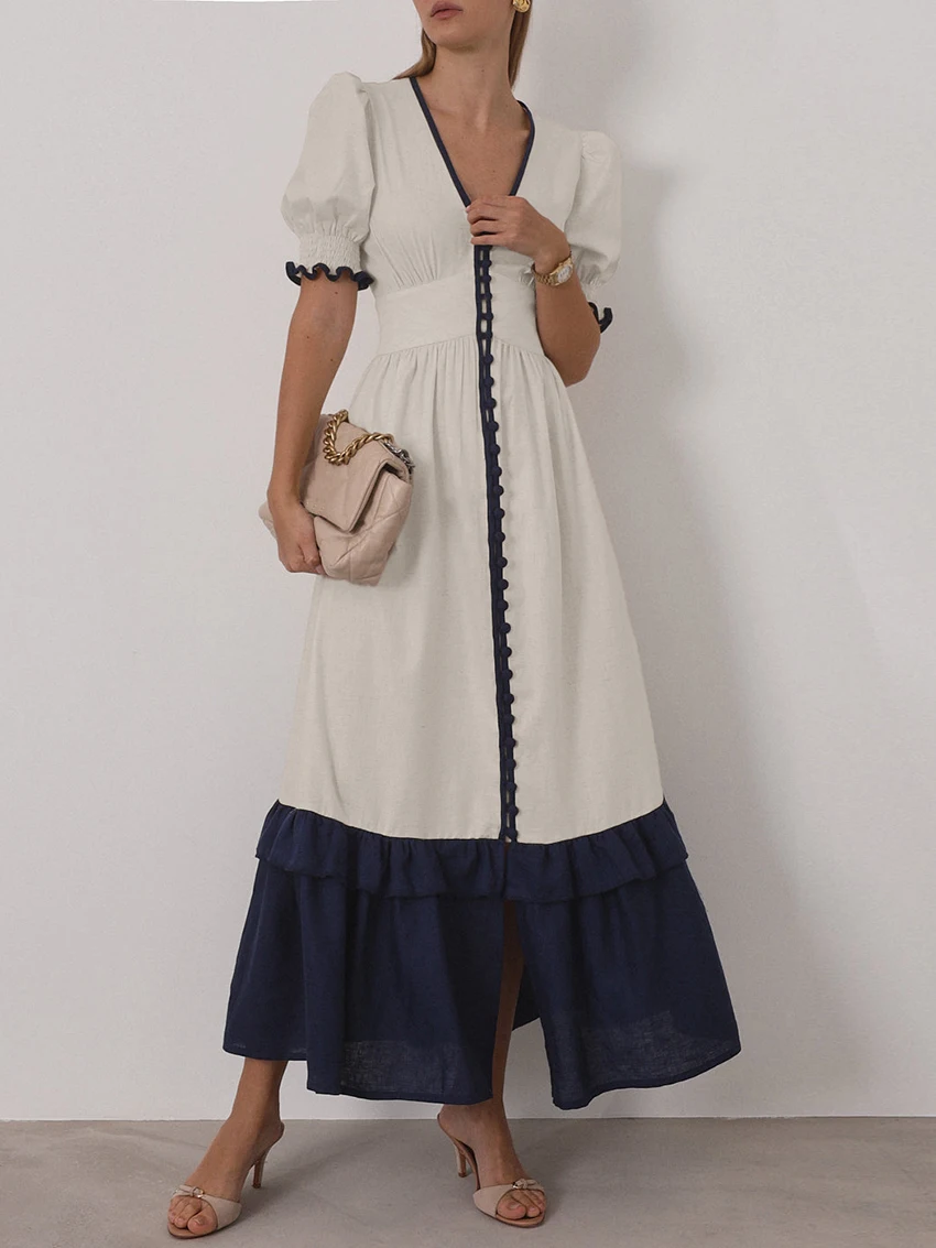 Casual Linen Short Sleeve V-Neck Ankle-Length Maxi Dress