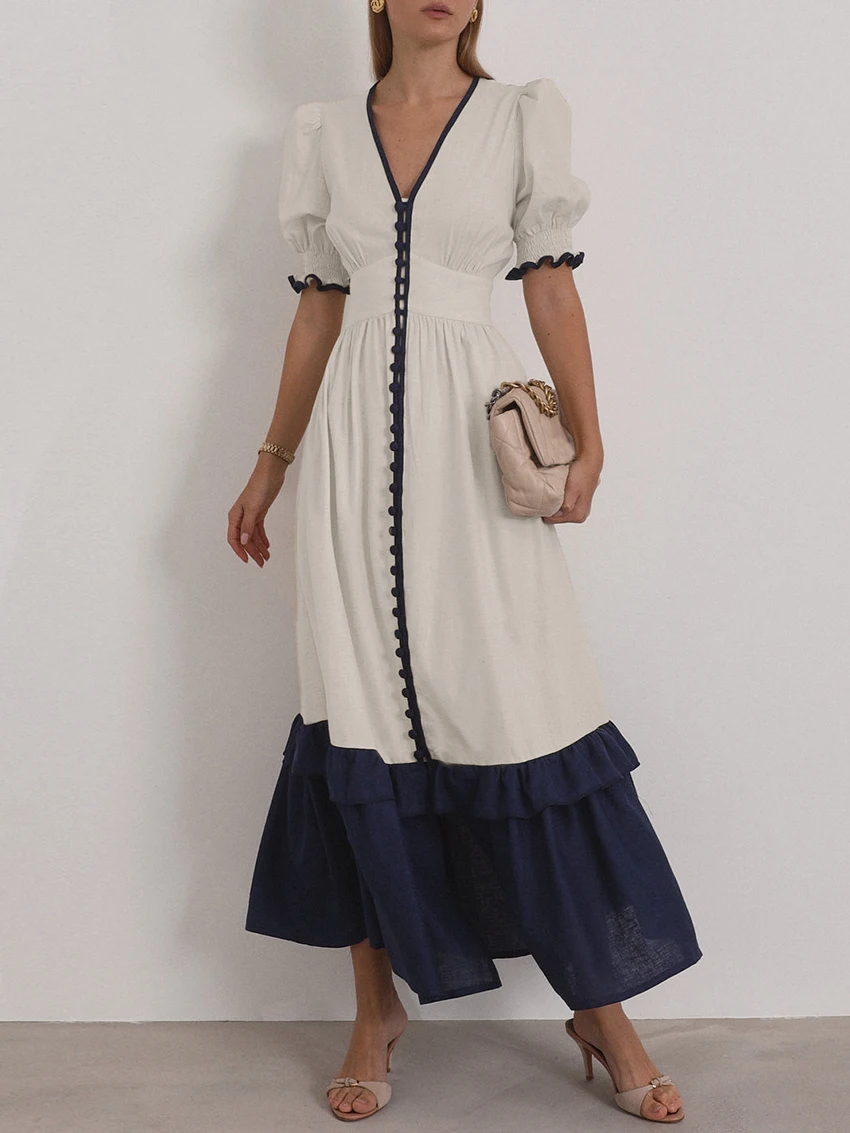 Casual Linen Short Sleeve V-Neck Ankle-Length Maxi Dress - Image 6