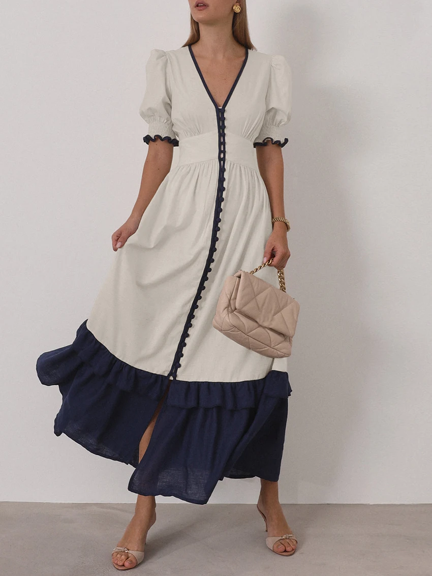 Casual Linen Short Sleeve V-Neck Ankle-Length Maxi Dress - Image 5