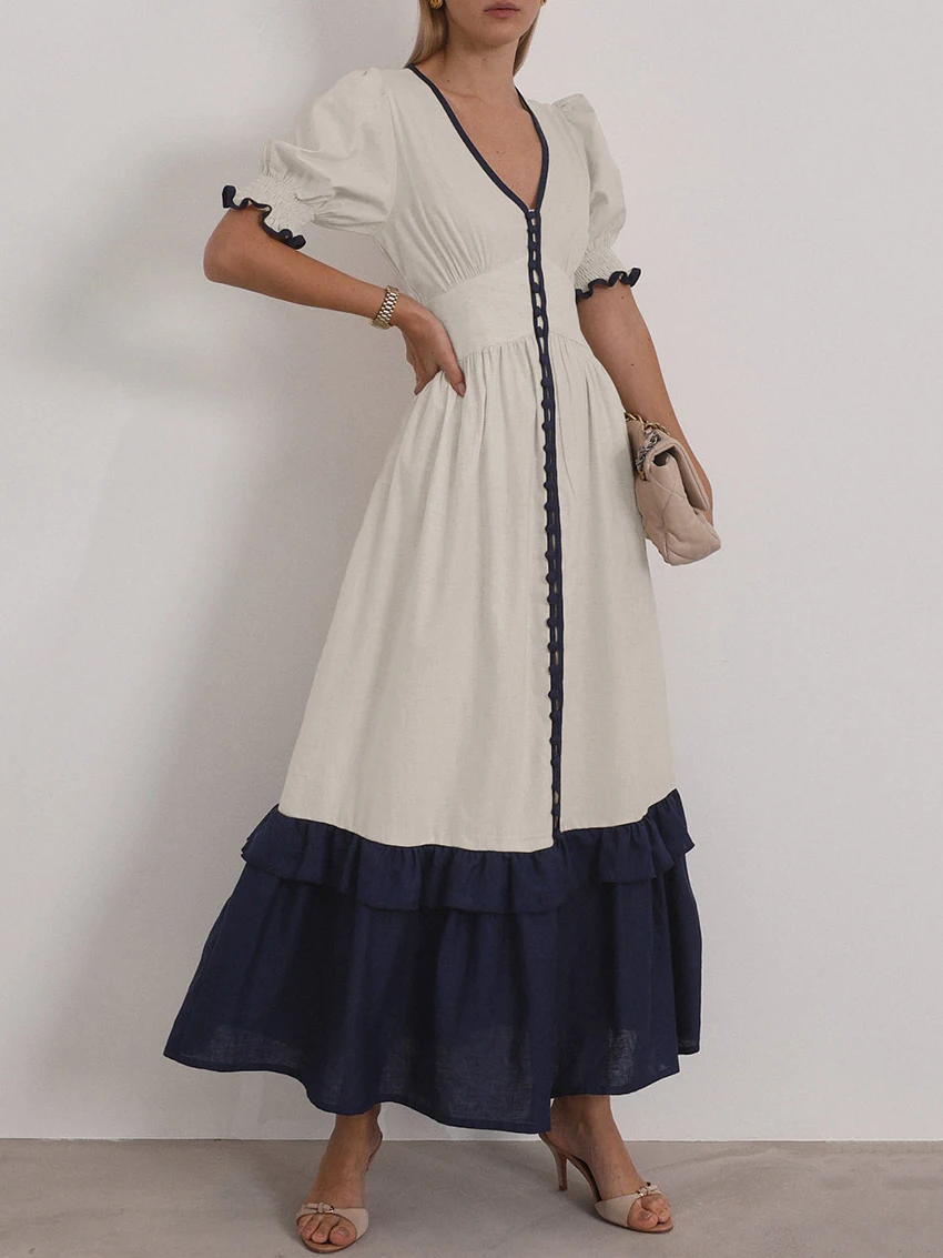 Casual Linen Short Sleeve V-Neck Ankle-Length Maxi Dress - Image 4