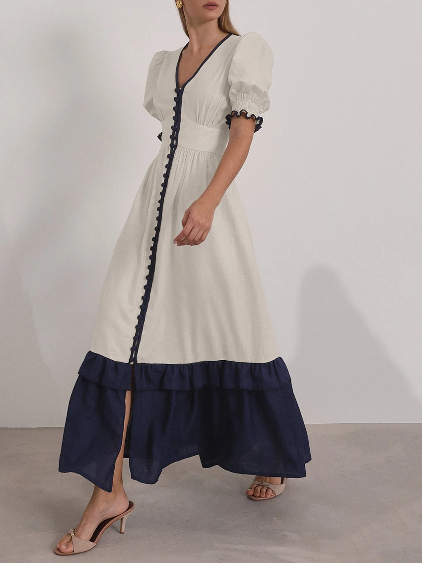 Casual Linen Short Sleeve V-Neck Ankle-Length Maxi Dress - Image 3