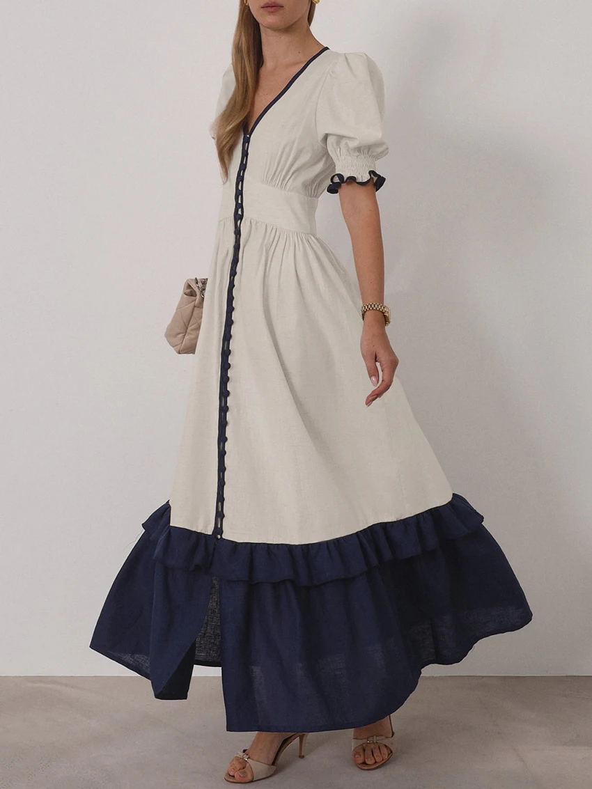 Casual Linen Short Sleeve V-Neck Ankle-Length Maxi Dress - Image 2