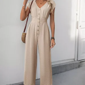 Casual Short Sleeves With Button-Down Front V-Neck Straight Jumpsuit