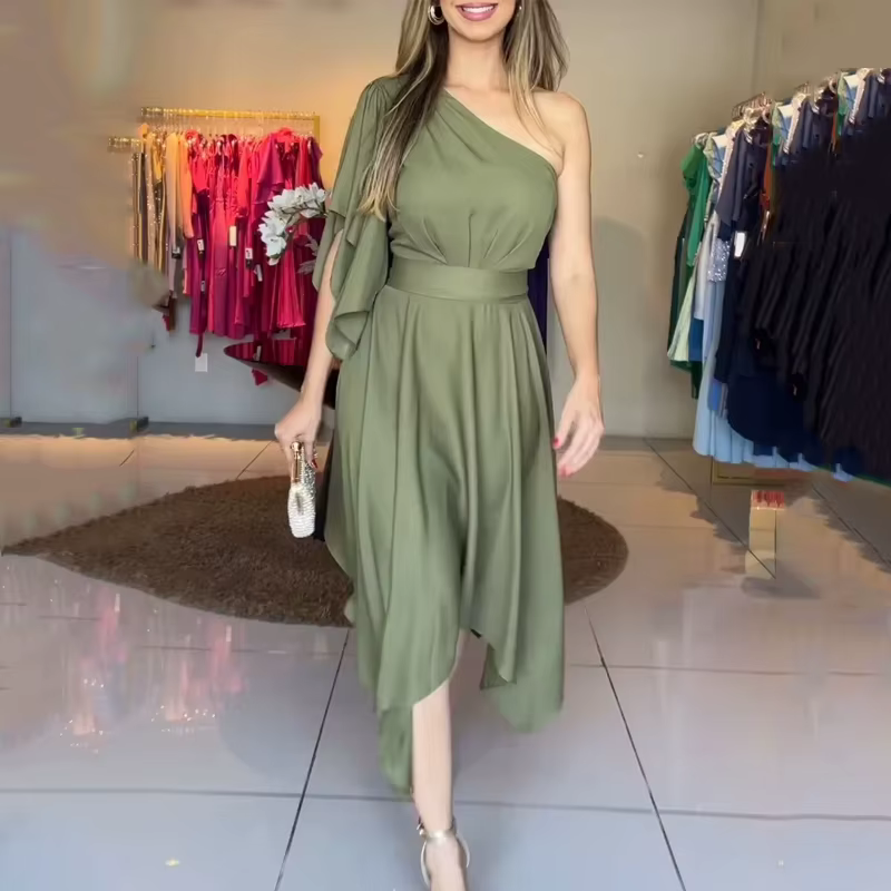 Casual Simple Solid One Shoulder Nipped Waist Irregular Lace Up Midi Dress - Image 2