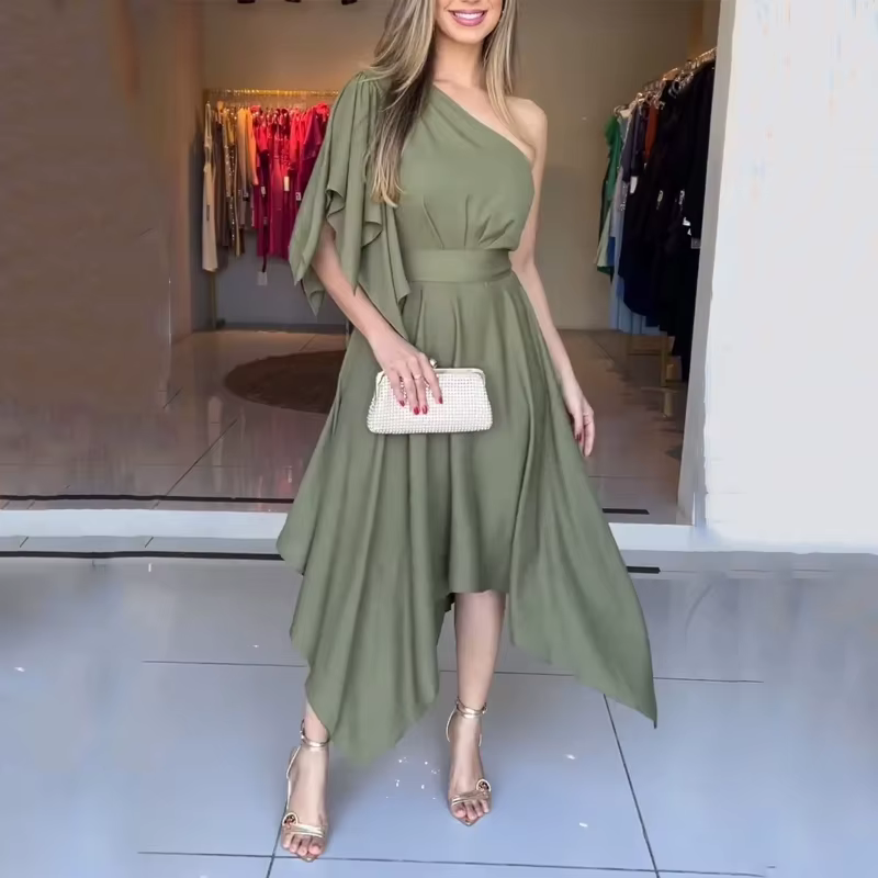 Casual Simple Solid One Shoulder Nipped Waist Irregular Lace Up Midi Dress - Image 3