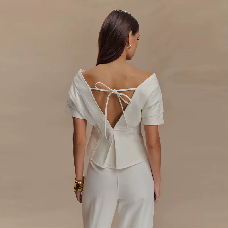 Casual Slash Neck Lace Up Pleated Top High Waist Wide Leg Jeans 2 Piece Set - Image 4