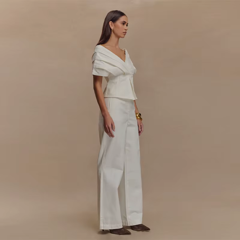 Casual Slash Neck Lace Up Pleated Top High Waist Wide Leg Jeans 2 Piece Set - Image 2