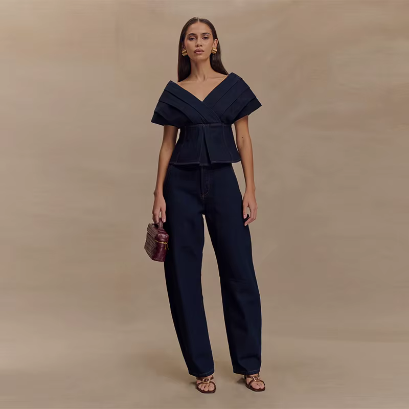 Casual Slash Neck Lace Up Pleated Top High Waist Wide Leg Jeans 2 Piece Set - Image 8