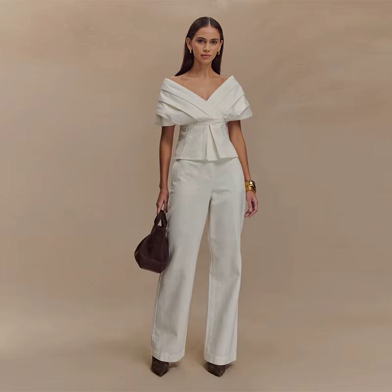 Casual Slash Neck Lace Up Pleated Top High Waist Wide Leg Jeans 2 Piece Set