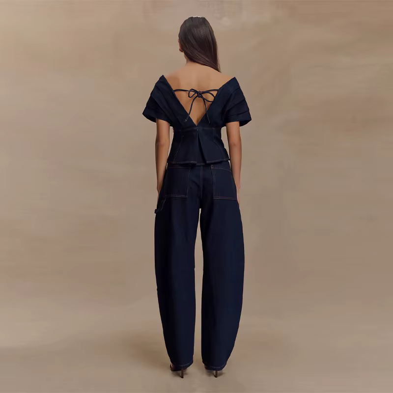 Casual Slash Neck Lace Up Pleated Top High Waist Wide Leg Jeans 2 Piece Set - Image 9