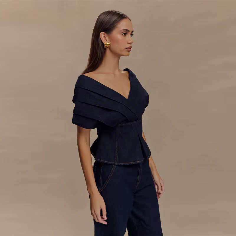 Casual Slash Neck Lace Up Pleated Top High Waist Wide Leg Jeans 2 Piece Set - Image 6