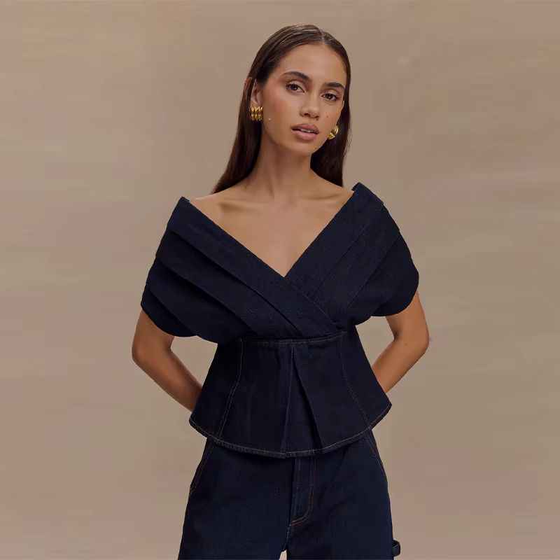 Casual Slash Neck Lace Up Pleated Top High Waist Wide Leg Jeans 2 Piece Set - Image 5