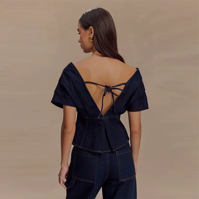 Casual Slash Neck Lace Up Pleated Top High Waist Wide Leg Jeans 2 Piece Set - Image 7