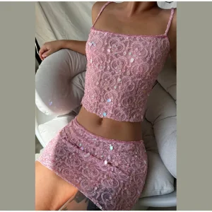Casual Sleeveless Backless Sequins See Through Tank Top Shorts Two Piece Set