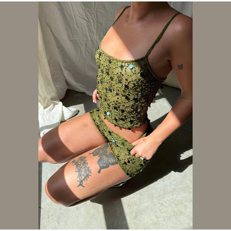 Casual Sleeveless Backless Sequins See Through Tank Top Shorts Two Piece Set - Image 11