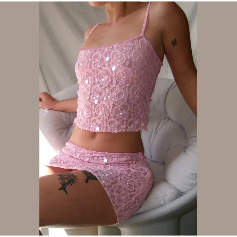 Casual Sleeveless Backless Sequins See Through Tank Top Shorts Two Piece Set - Image 3