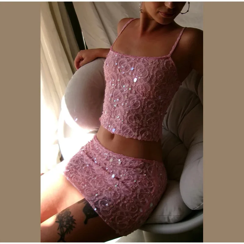 Casual Sleeveless Backless Sequins See Through Tank Top Shorts Two Piece Set - Image 4