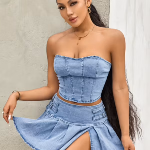 Casual Sleeveless Off Shoulder Zipper Bandeau Pleated Denim Skirt 2 Pieces Set