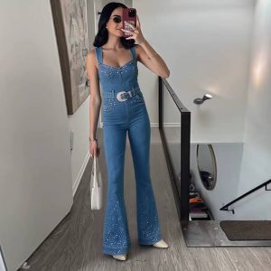 Casual Sleeveless Rhinestone Decoration Stretch Slimming Waist Jumpsuit