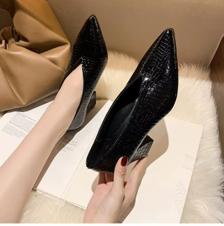 Casual Soft Leather Shallow Pointed Toe Thick Square Heel - Image 19