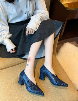 Casual Soft Leather Shallow Pointed Toe Thick Square Heel - Image 16
