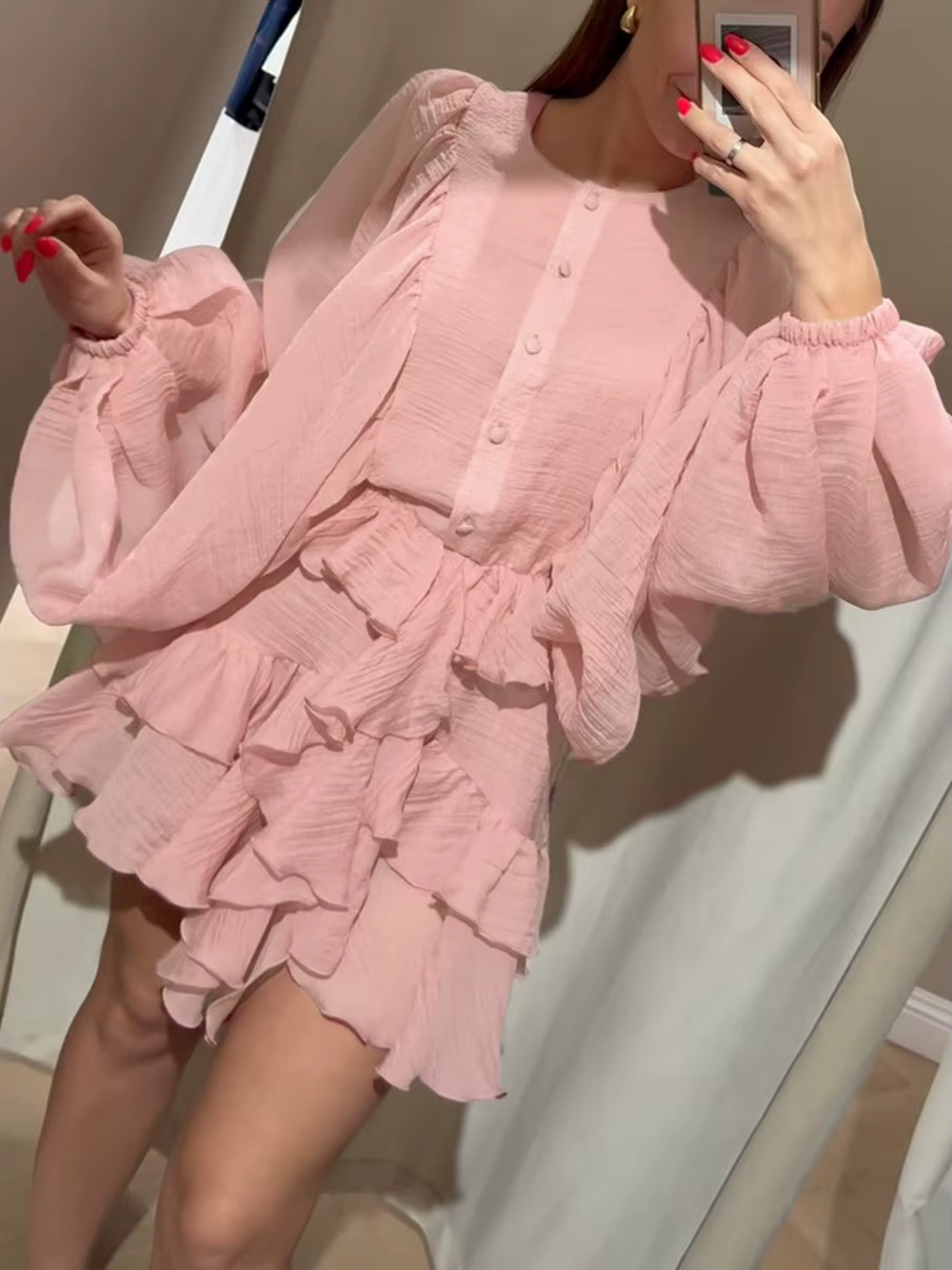 Casual Solid Button O Neck Long Sleeve High Waist Temperament Mini Dresses