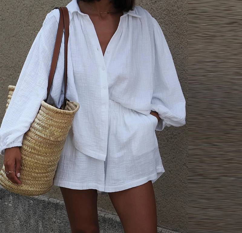 Casual Solid Lapel Button Shirt And Shorts Loose 2 Pieces Sets - Image 11