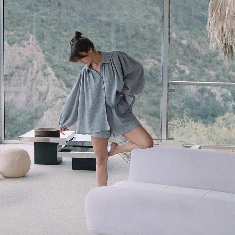 Casual Solid Lapel Button Shirt And Shorts Loose 2 Pieces Sets - Image 6