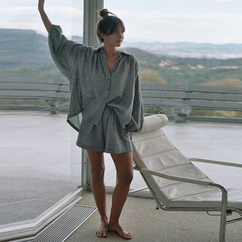 Casual Solid Lapel Button Shirt And Shorts Loose 2 Pieces Sets - Image 5