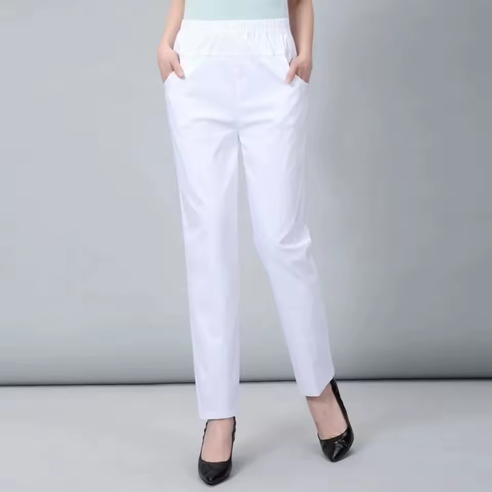 Casual Solid Straight Cotton Elastic Waist Ankle-Length Pants