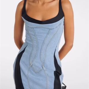 Casual Spaghetti Straps Low Neck Patchwork Irregular Hem Mini Dress