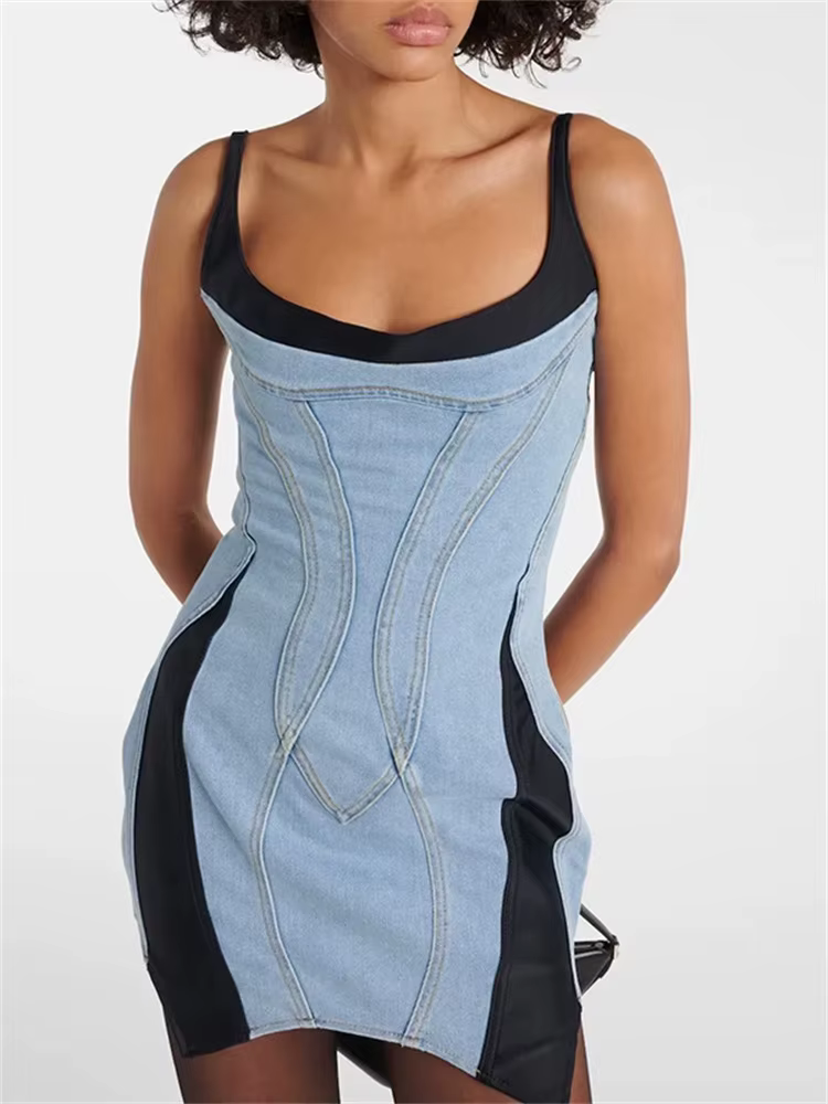 Casual Spaghetti Straps Low Neck Patchwork Irregular Hem Mini Dress