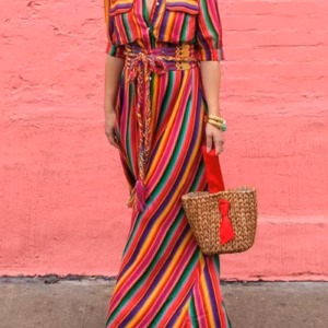 Casual Split-joint Buttons Bohemia Vintage Loose Beach Vacation Striped Long Maxi Dress