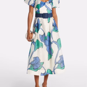 Casual Square Neck Short Sleeve High Waist Printing Slimming Spliced Belt Midi Dress