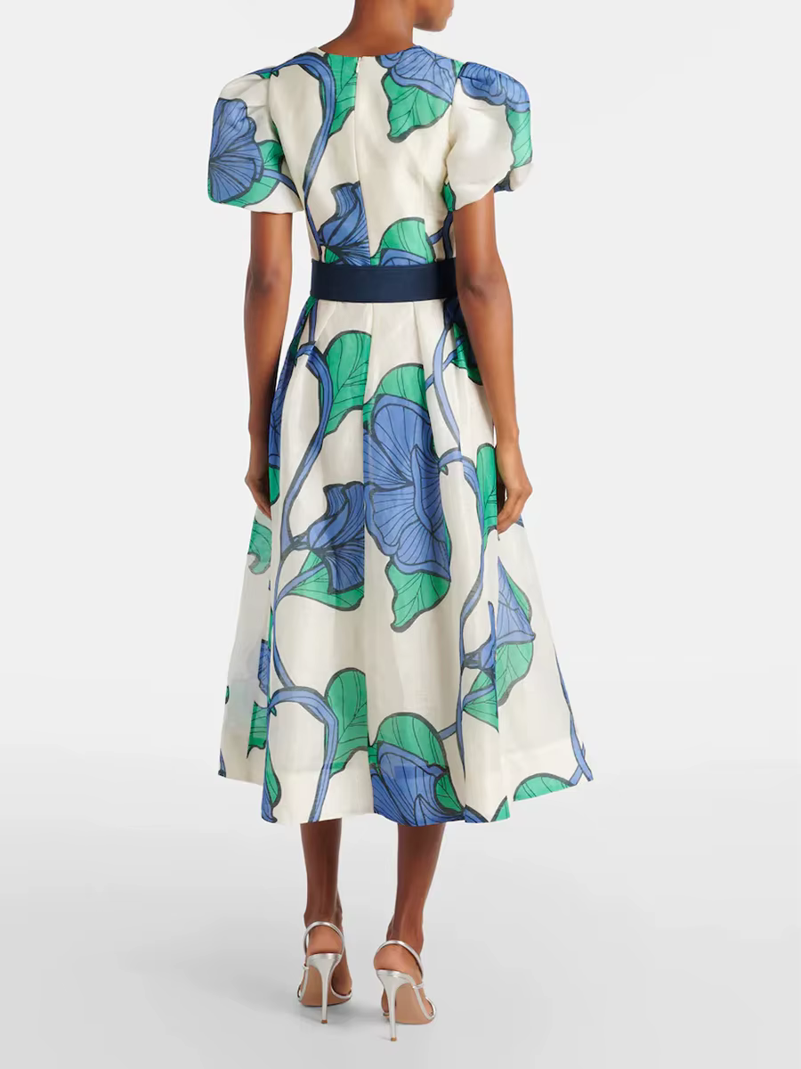 Casual Square Neck Short Sleeve High Waist Printing Slimming Spliced Belt Midi Dress - Image 2