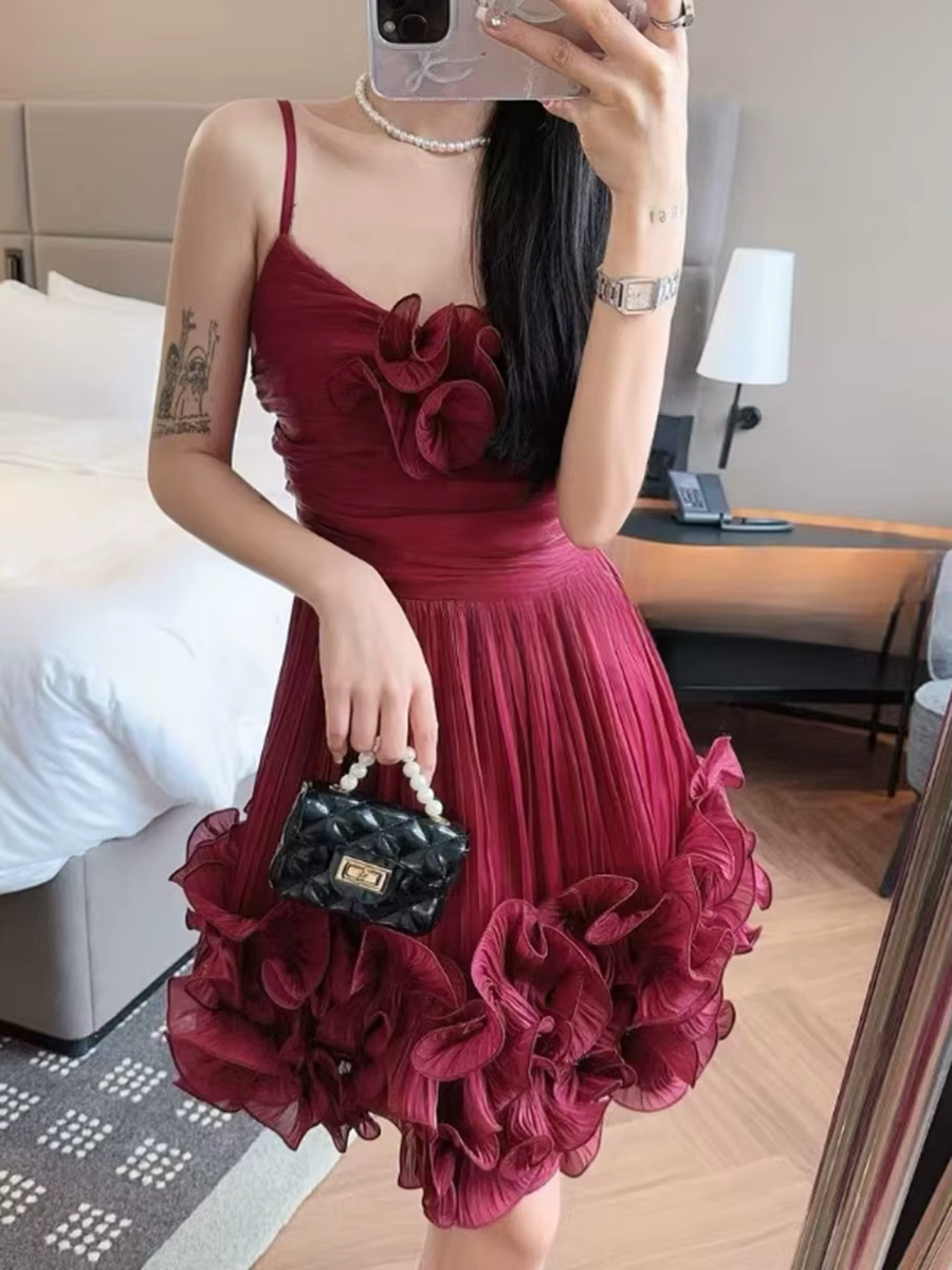 Casual Square Neck Sleeveless High Waist Patchwork Folds Solid Appliques Mini Dresses - Image 4