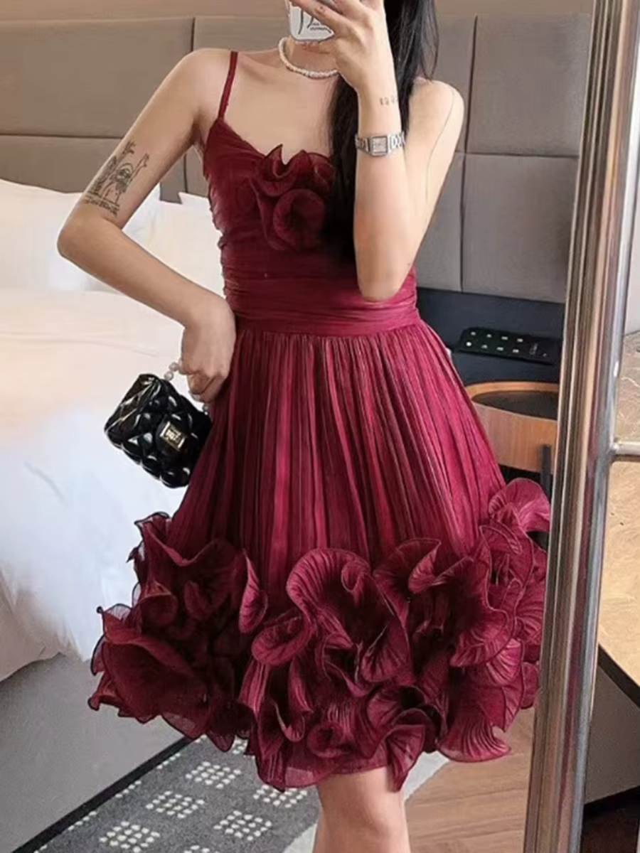 Casual Square Neck Sleeveless High Waist Patchwork Folds Solid Appliques Mini Dresses - Image 5