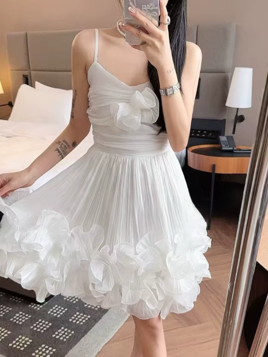 Casual Square Neck Sleeveless High Waist Patchwork Folds Solid Appliques Mini Dresses