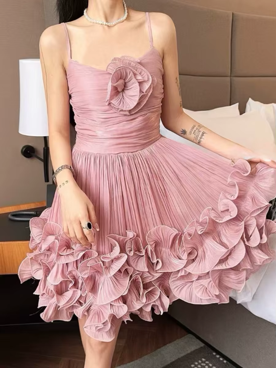 Casual Square Neck Sleeveless High Waist Patchwork Folds Solid Appliques Mini Dresses - Image 2