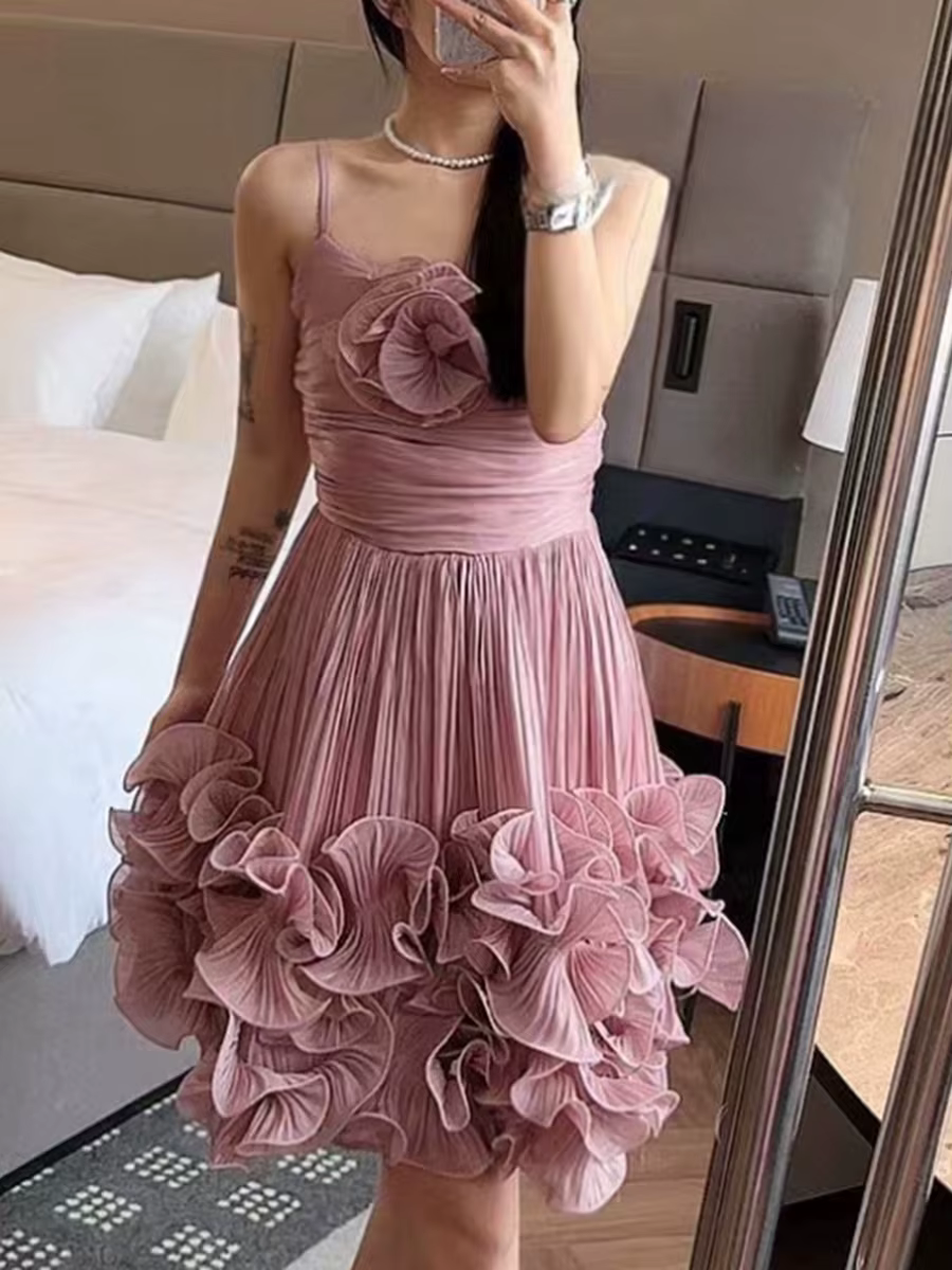 Casual Square Neck Sleeveless High Waist Patchwork Folds Solid Appliques Mini Dresses - Image 3