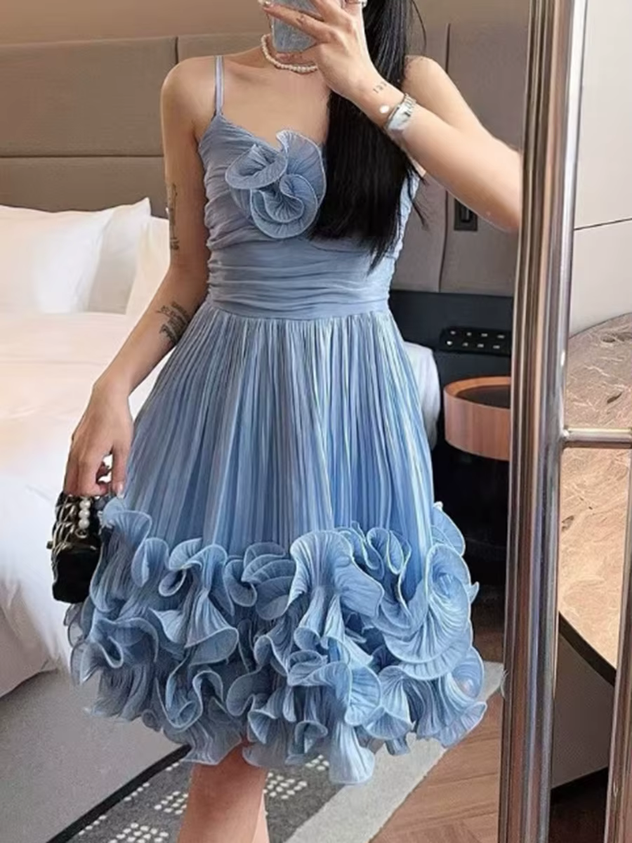 Casual Square Neck Sleeveless High Waist Patchwork Folds Solid Appliques Mini Dresses - Image 7