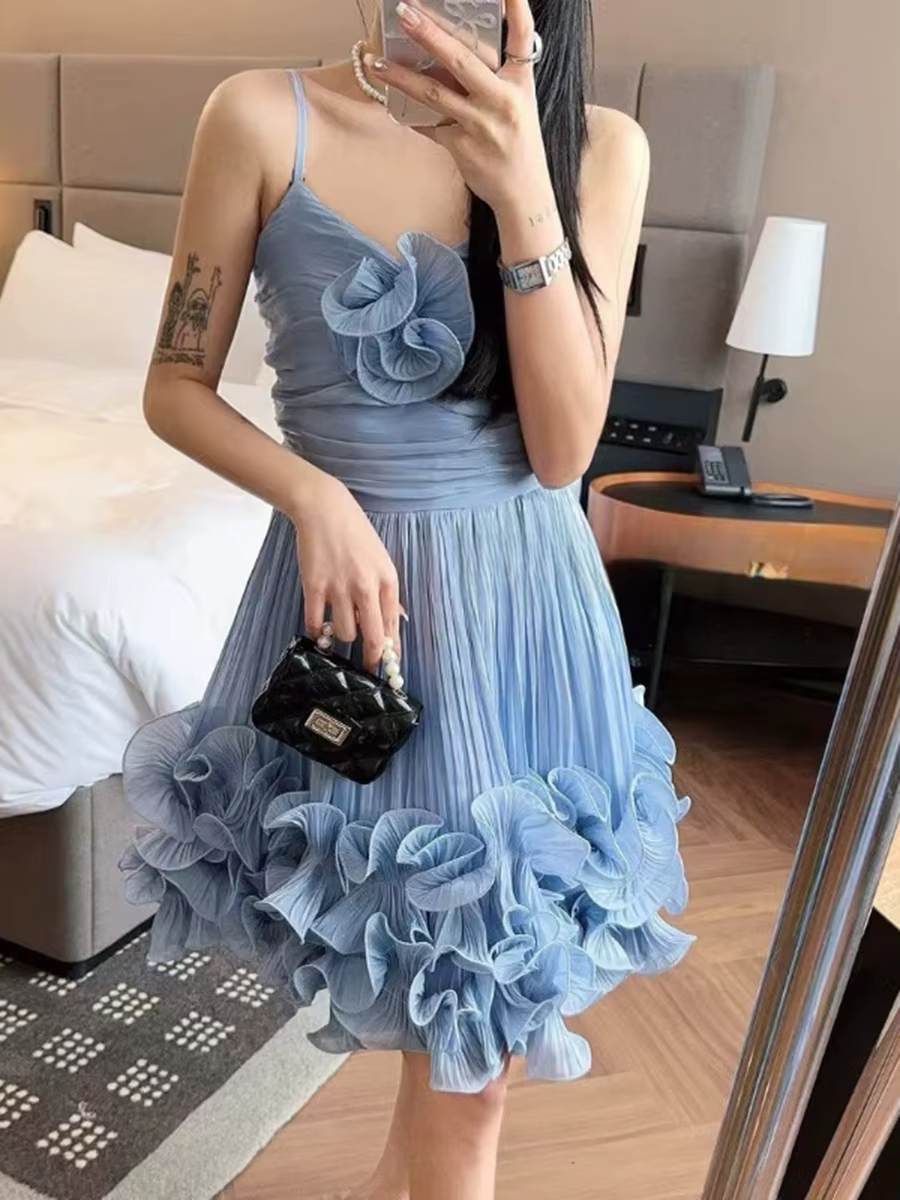 Casual Square Neck Sleeveless High Waist Patchwork Folds Solid Appliques Mini Dresses - Image 6