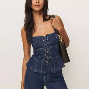 Casual Square Neck Sleeveless Lace-Up Front Denim Corset Top