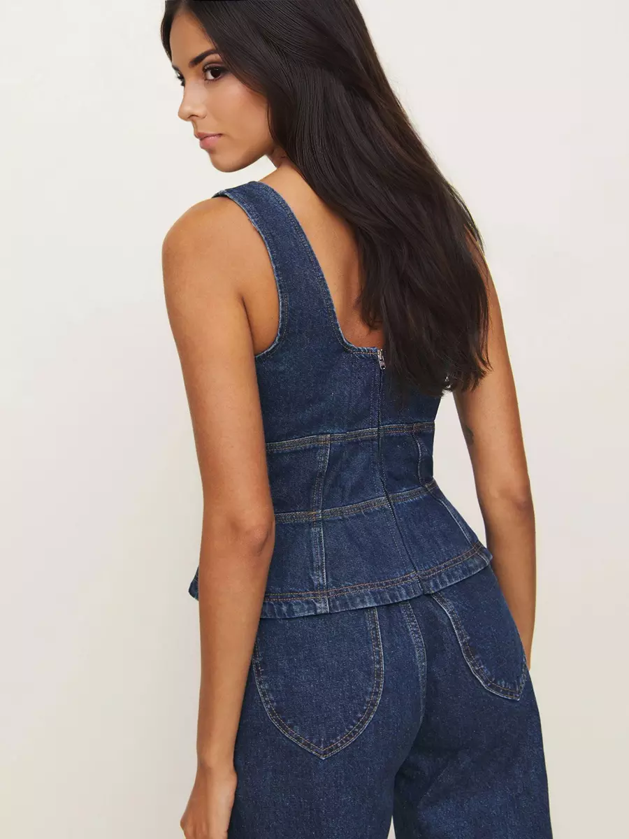 Casual Square Neck Sleeveless Lace-Up Front Denim Corset Top - Image 2
